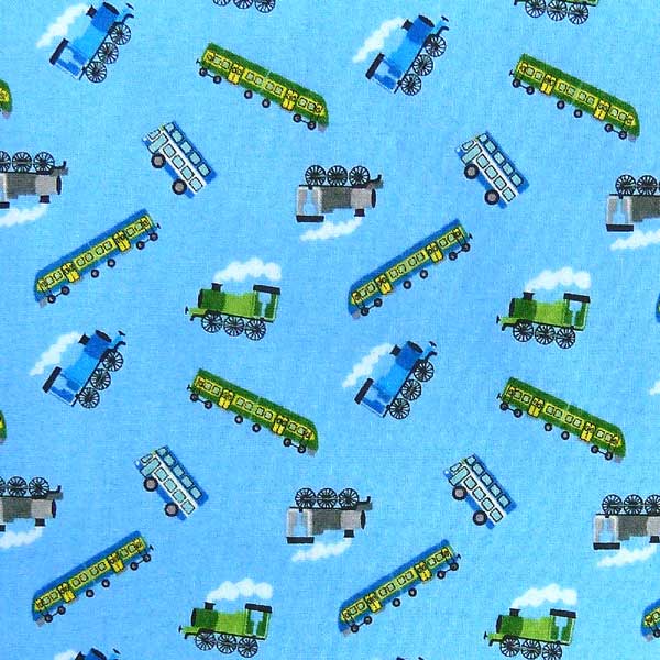 LEWIS-AND-IRENE-SMALL-THINGS-ON-THE-MOVE-SM14-3 BLUE BACKGROUND TRAIN FABRIC